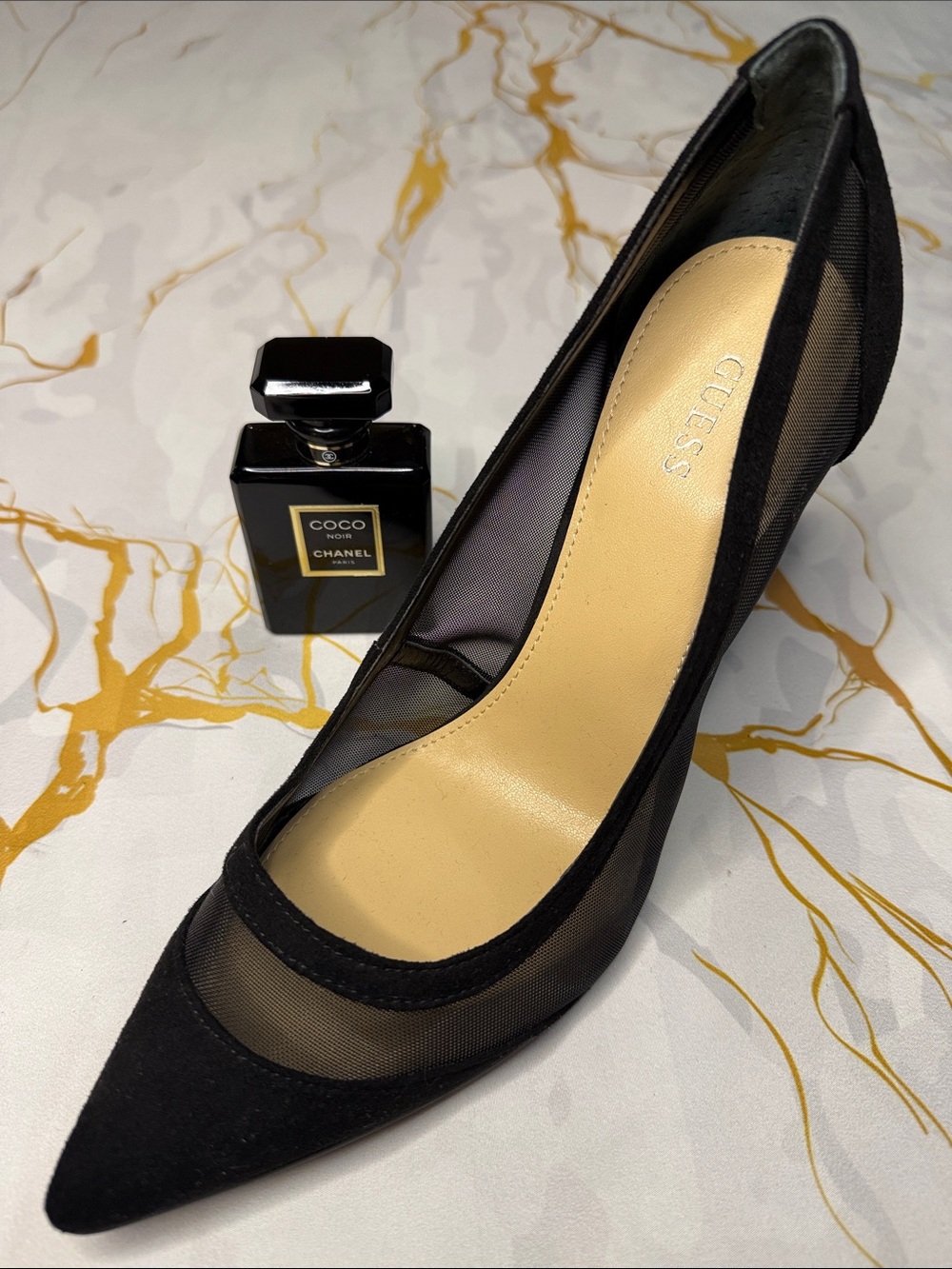 GUESS Black Pointed Mesh & Suede Pump